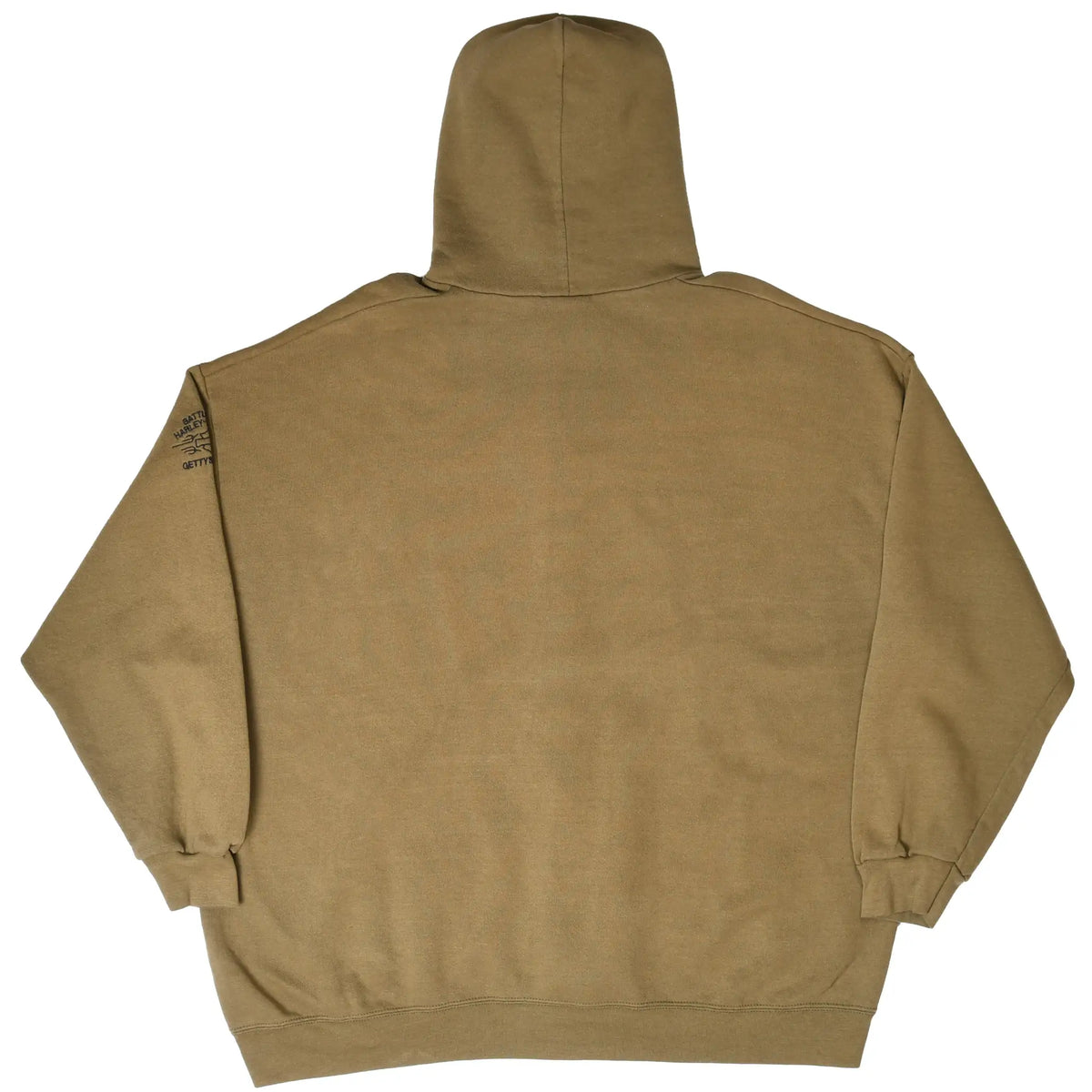 Back of khaki green Harley-Davidson full-zip hoodie with small upper-sleeve detail