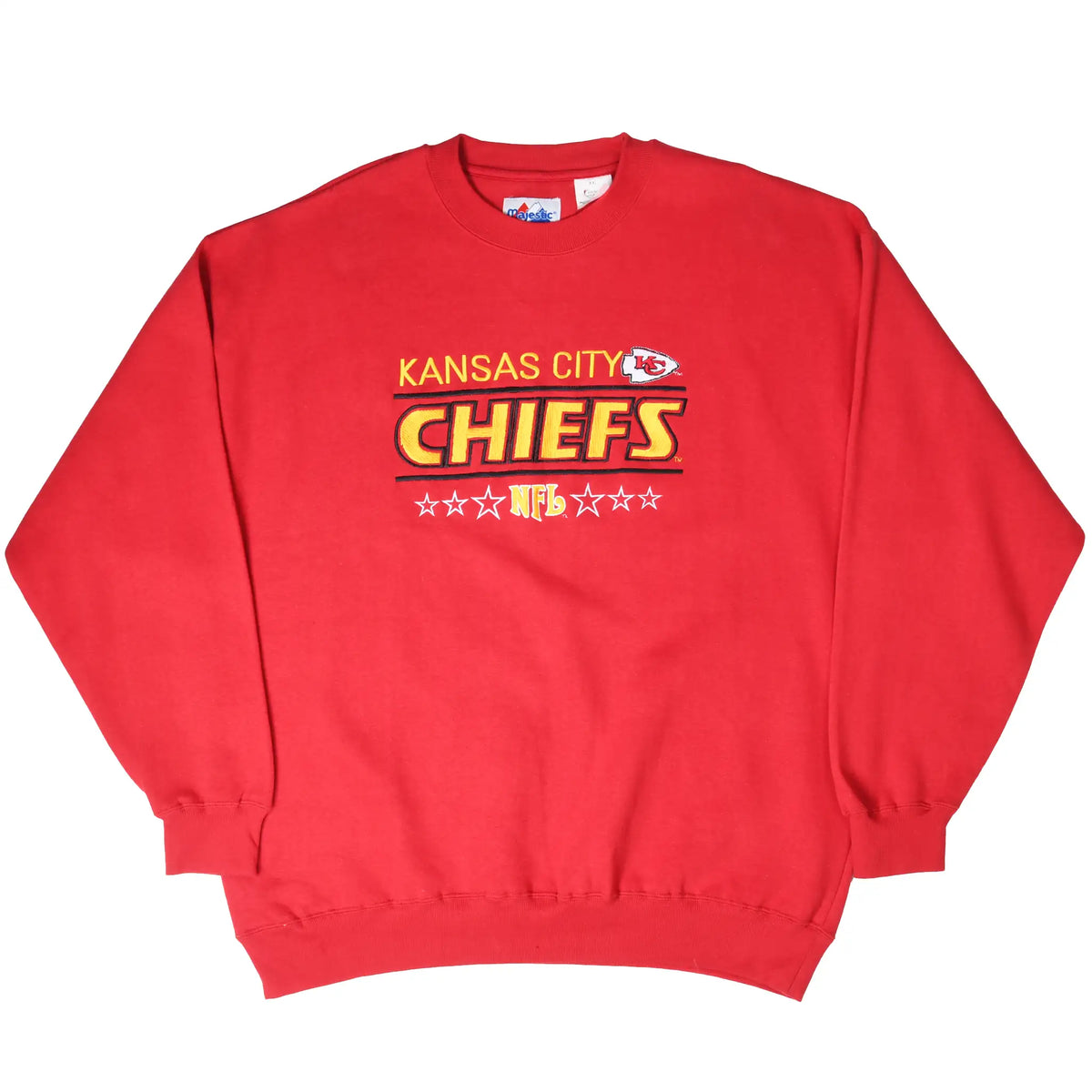 Full front view of red Kansas City Chiefs sweatshirt with embroidered team graphic