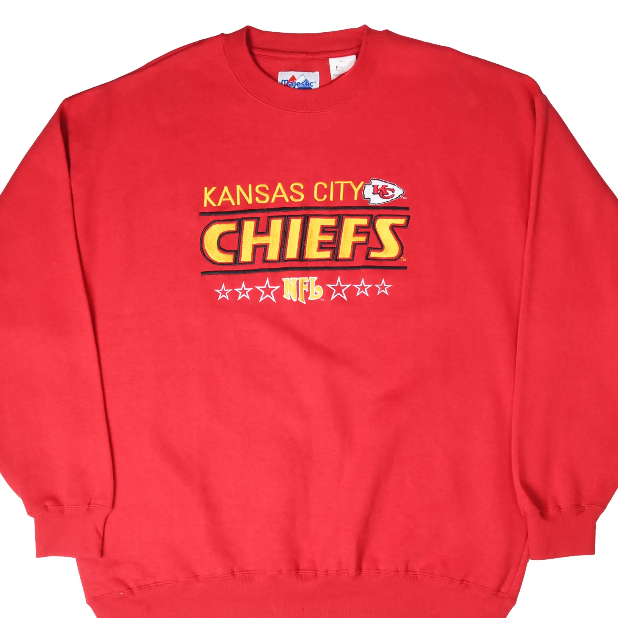 Front of red Majestic Kansas City Chiefs sweatshirt with embroidered NFL team logo