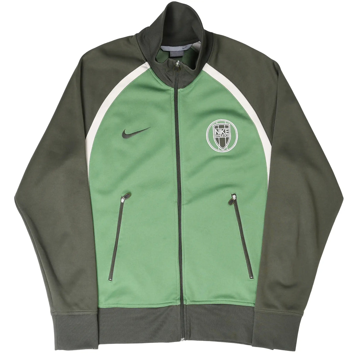Front view of green and dark gray Nike Athletics track jacket with two zip pockets