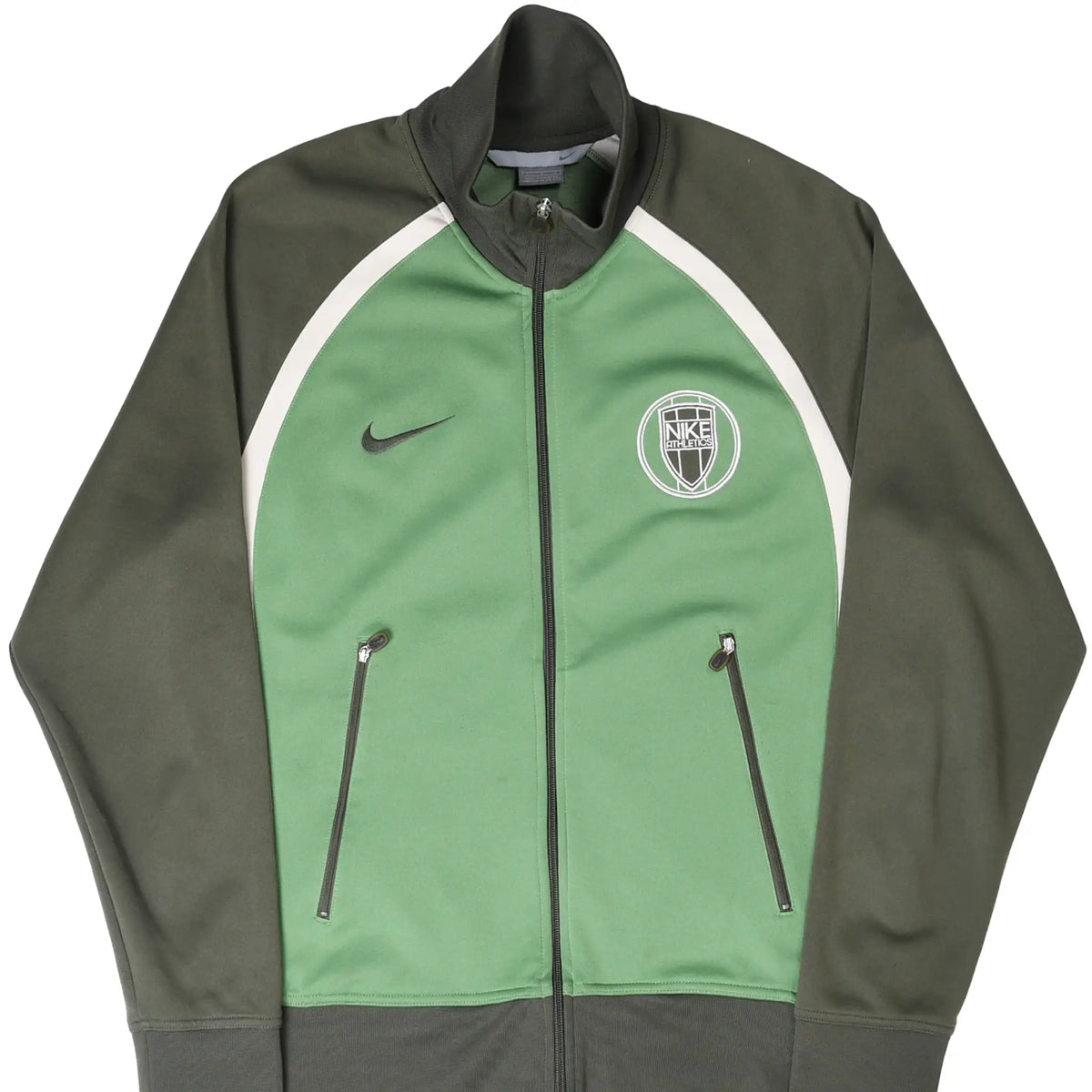 Front of green Nike Athletics zip-up track jacket with dark gray sleeves and white piping