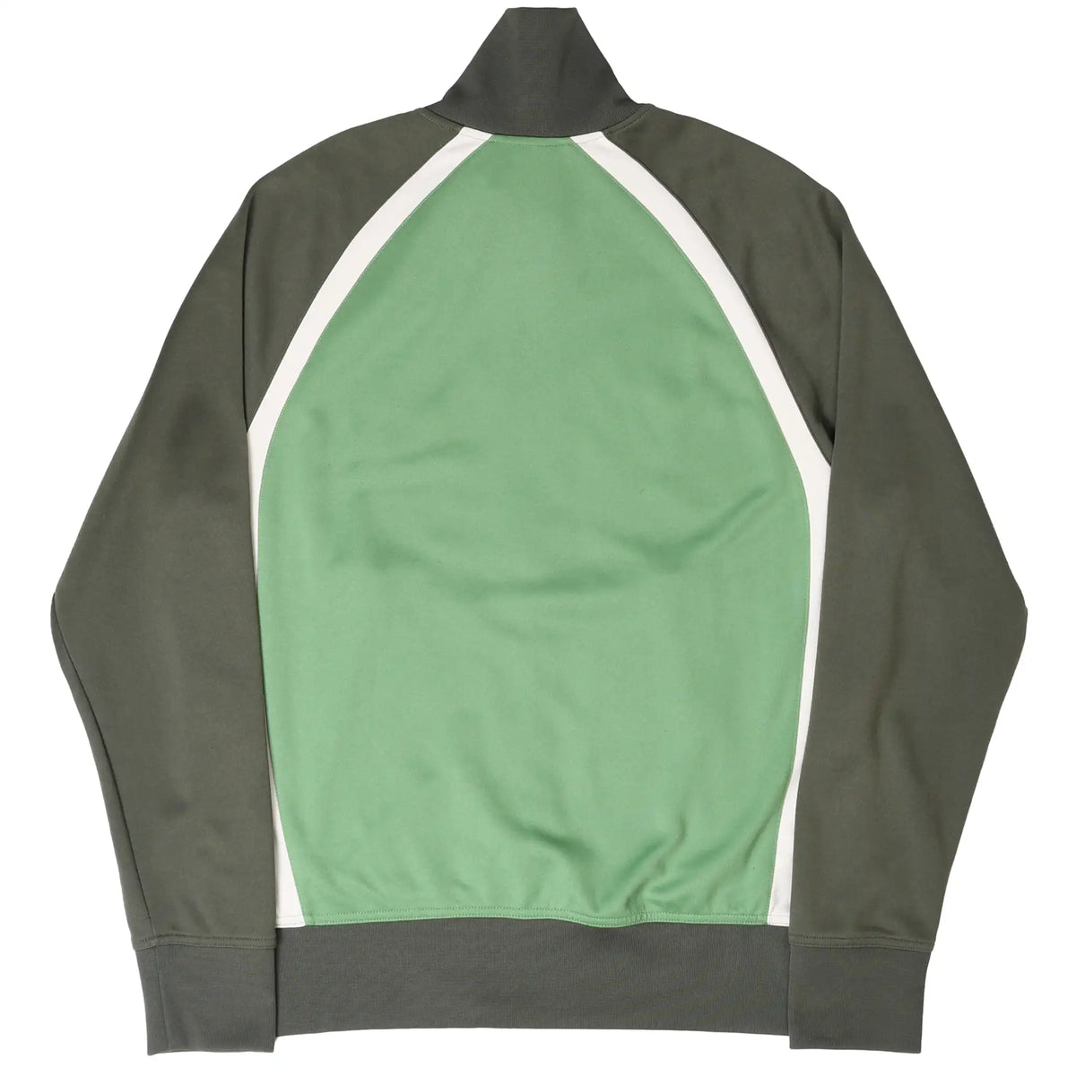 Back of green Nike Athletics track jacket with dark gray sleeves and white piping