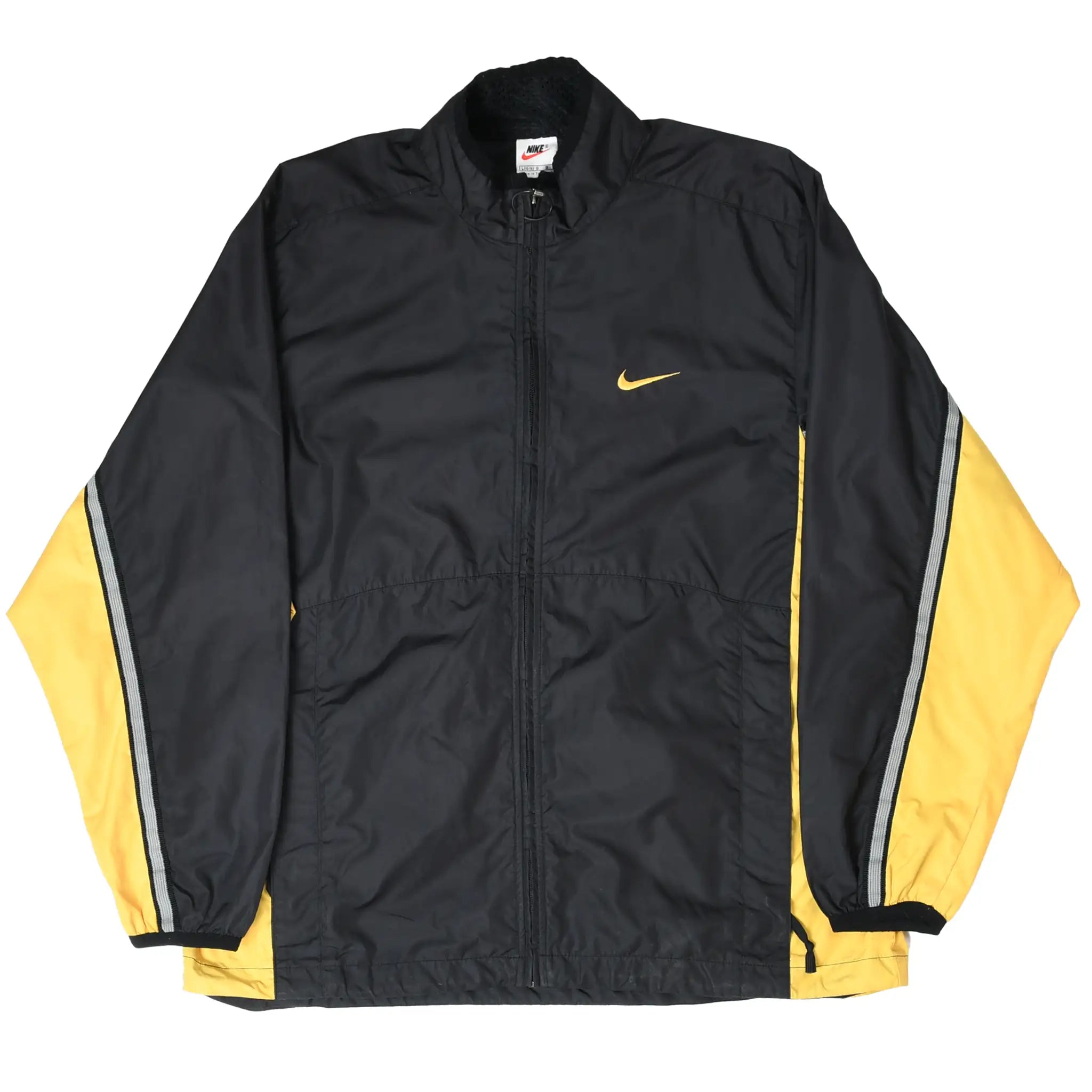 Full front view of black and yellow Nike windbreaker with zip closure and yellow Swoosh