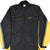 Front of black Nike zip-up windbreaker with yellow sleeve panels and embroidered yellow Swoosh
