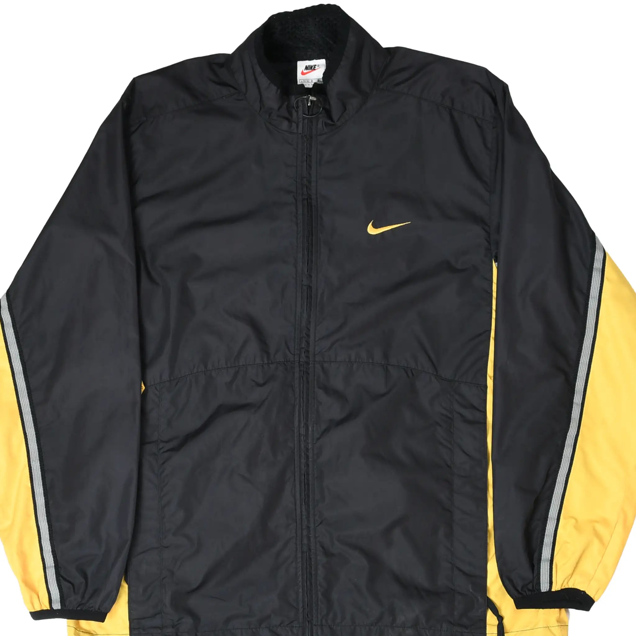 Front of black Nike zip-up windbreaker with yellow sleeve panels and embroidered yellow Swoosh