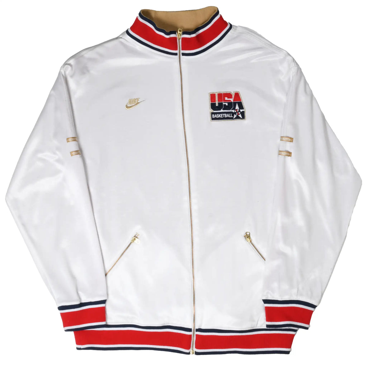 Full front view of white Nike USA Basketball track jacket with gold accents and striped trim