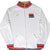 Front of white Nike USA Basketball track jacket with gold zipper and red and navy striped trim