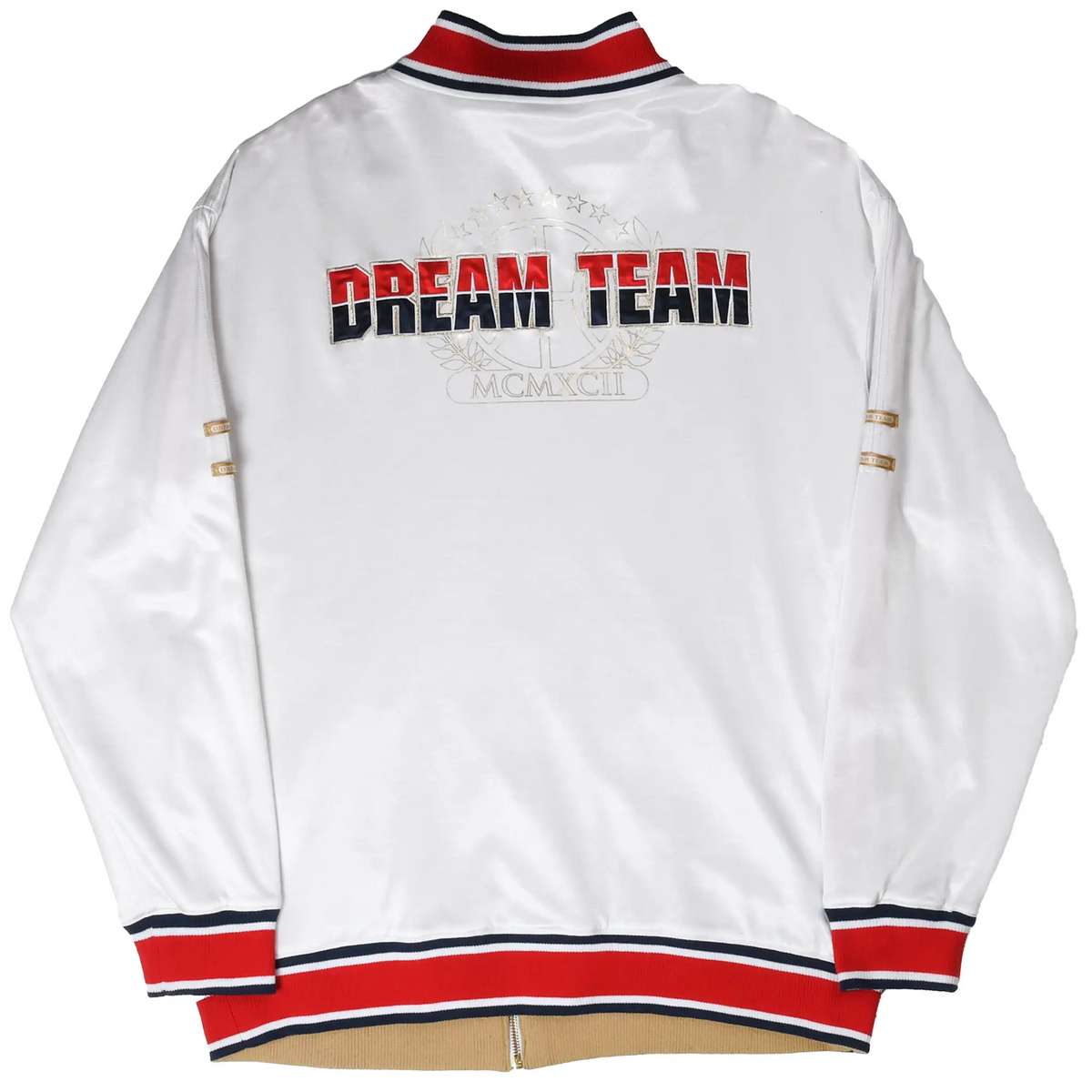Back of white Nike track jacket with red and navy Dream Team embroidery and striped trim