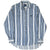 Front of Wrangler striped Western shirt showing pearl snap closure, chest pockets, and curved hem