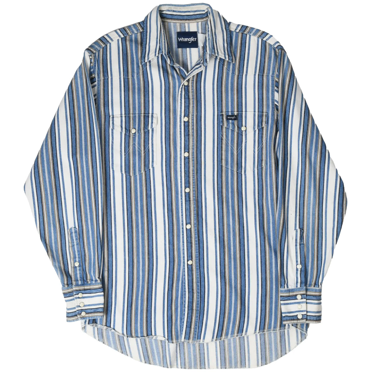 Front of Wrangler striped Western shirt showing pearl snap closure, chest pockets, and curved hem