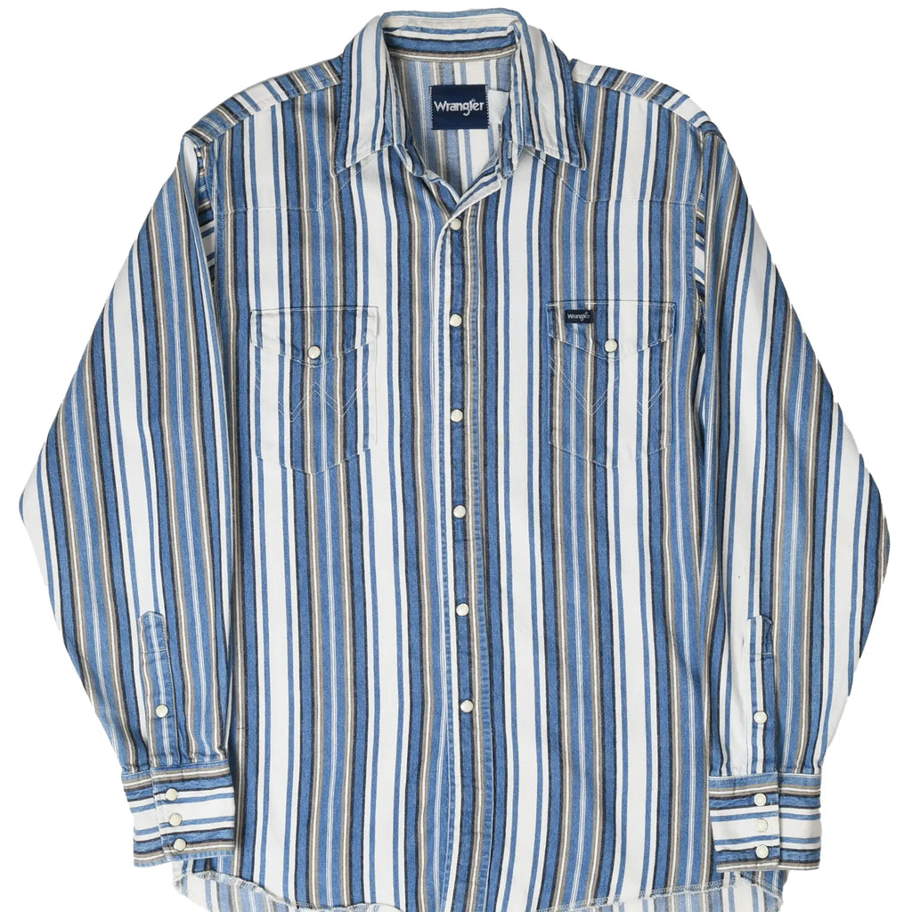 Front of Wrangler blue, white, and tan striped Western shirt with pearl snaps and two chest pockets