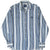 Front of Wrangler blue, white, and tan striped Western shirt with pearl snaps and two chest pockets