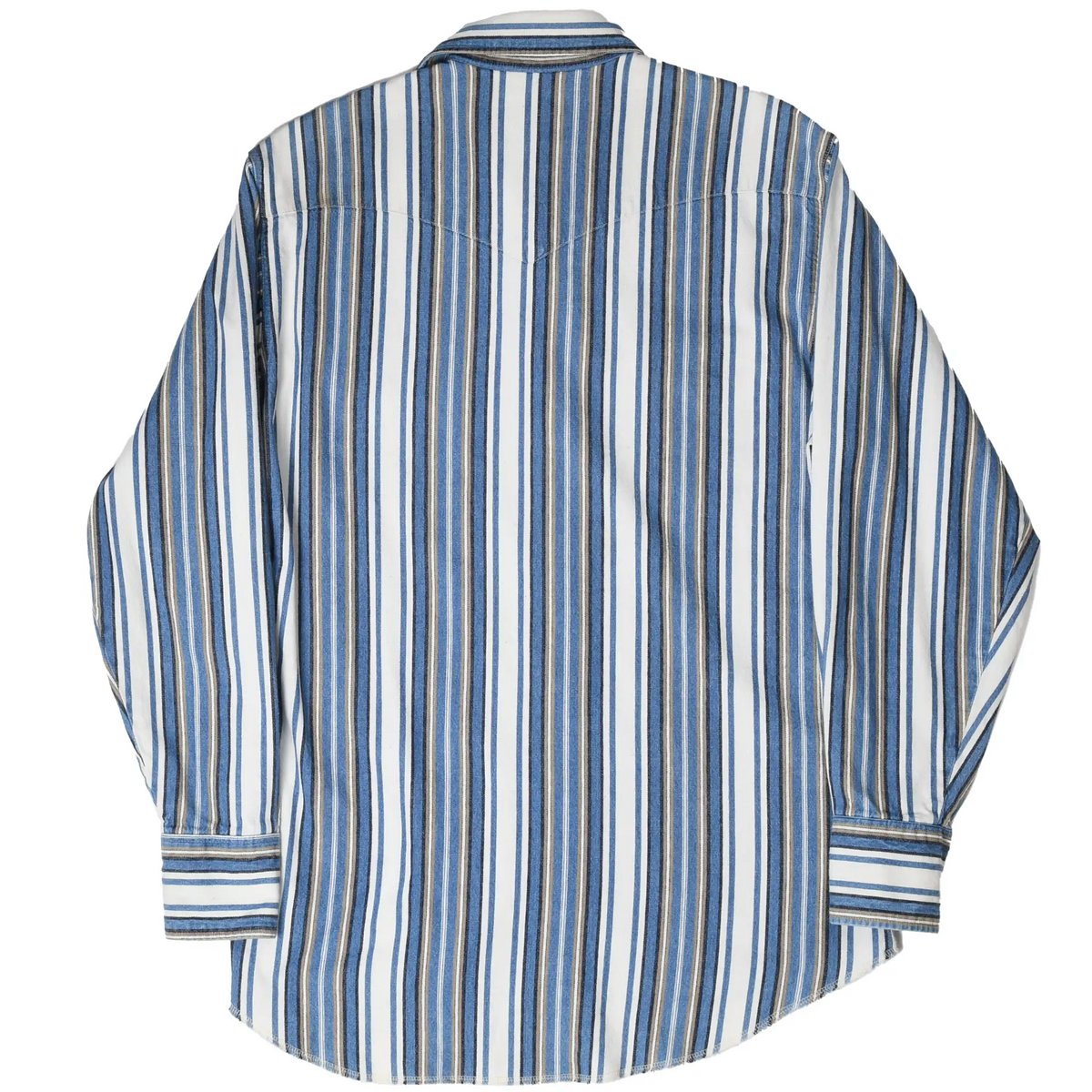 Back of Wrangler long-sleeve Western shirt with vertical blue, white, and tan stripes