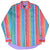 Front of multicolor striped Wrangler western shirt showing extended purple shirttail