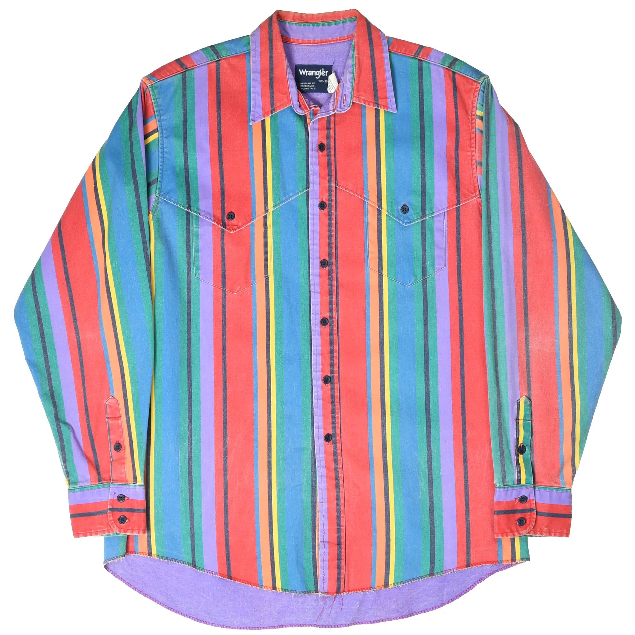 Front of multicolor striped Wrangler western shirt showing extended purple shirttail