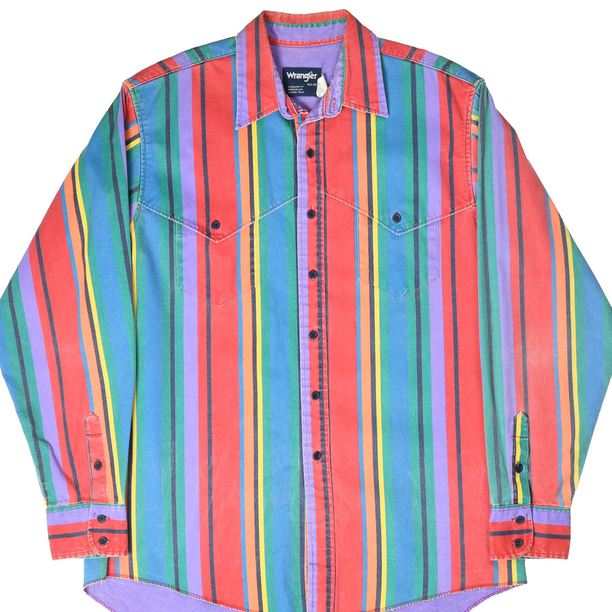 Front of Wrangler western shirt with multicolor vertical stripes, snap buttons, and chest pockets