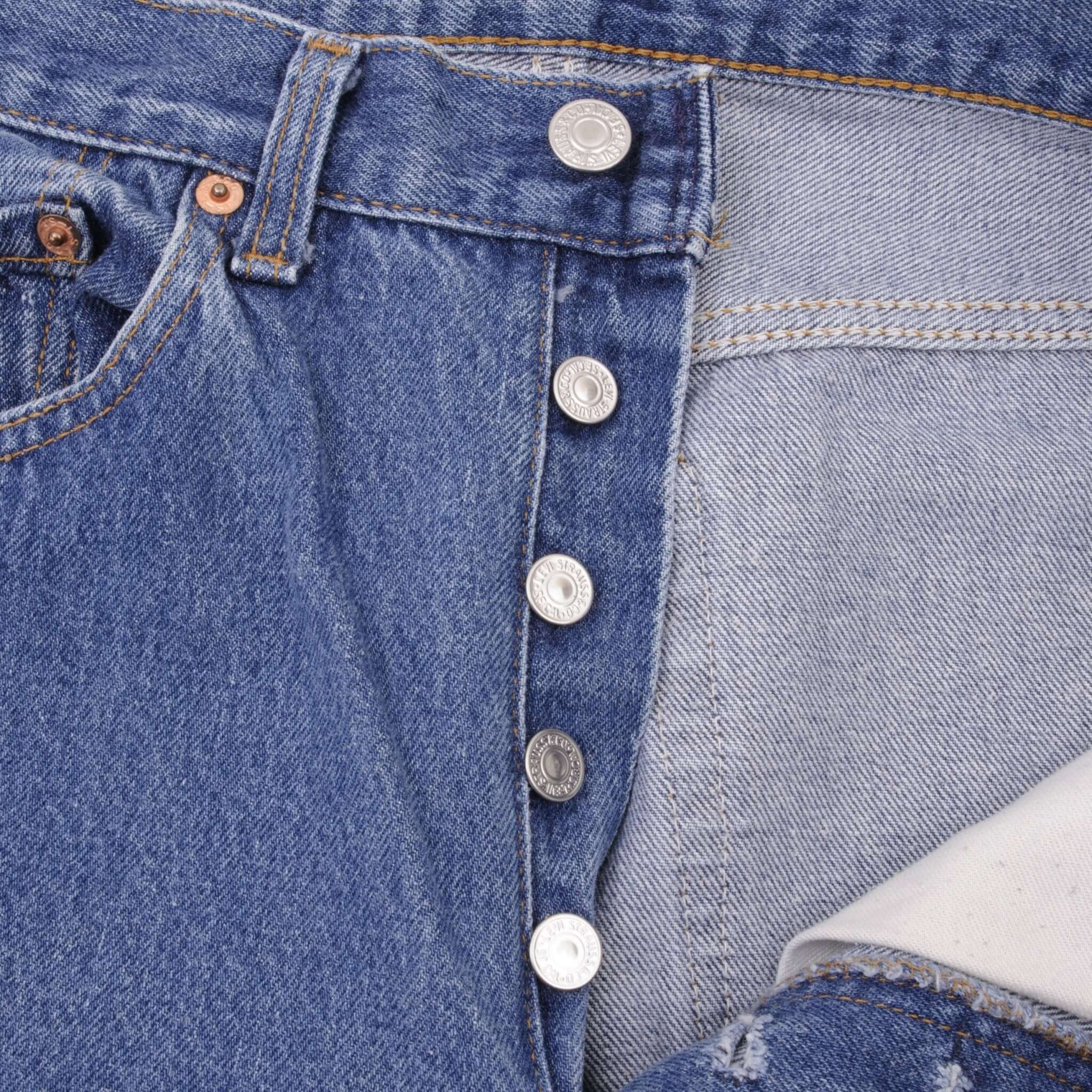 Beautiful Indigo Levis 501 Jeans 1980s Made in USA with Medium Wash   Size on tag 32X38 Actual Size 31X34 Back Button #524