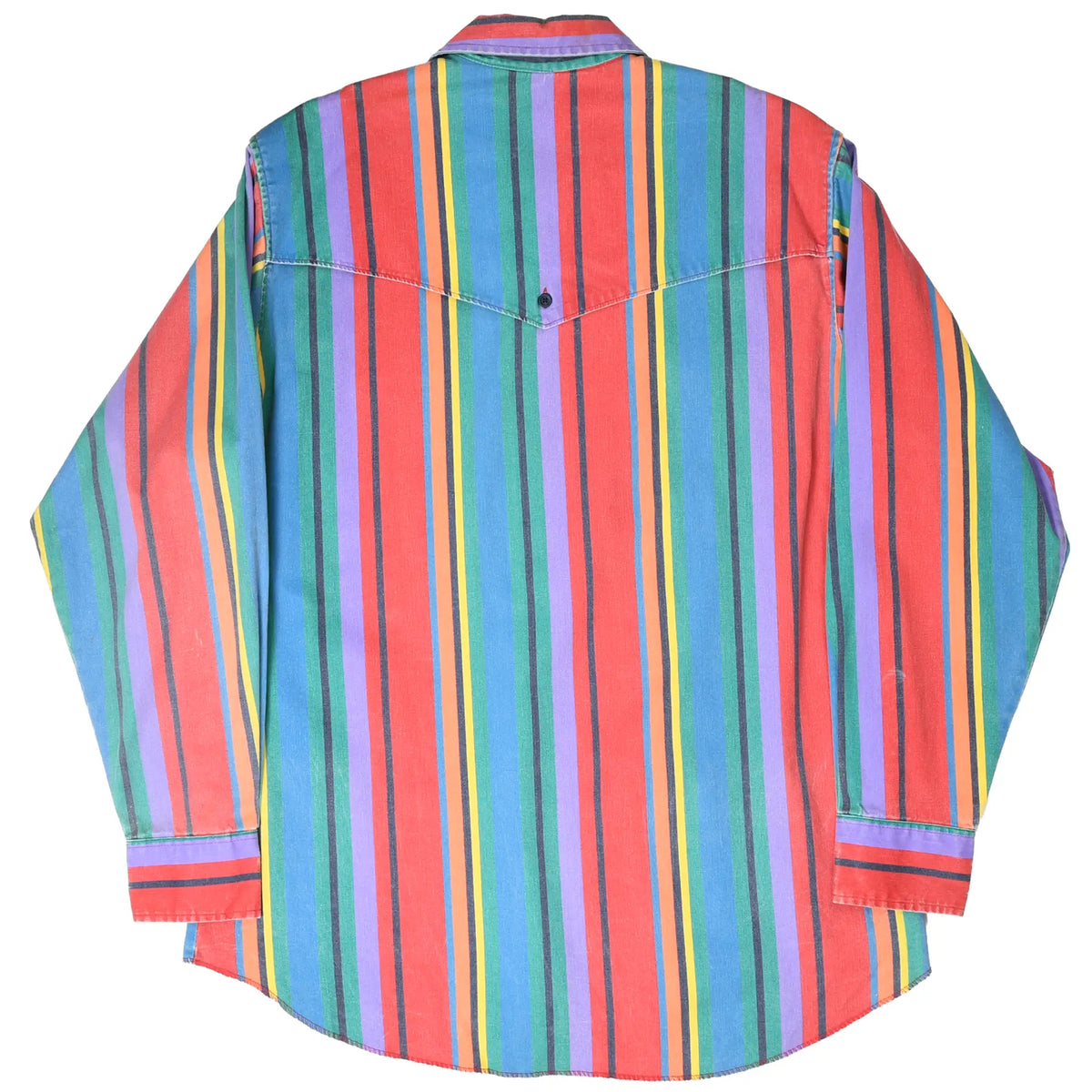 Back of Wrangler western shirt with multicolor vertical stripes, yoke seam, and long shirttail