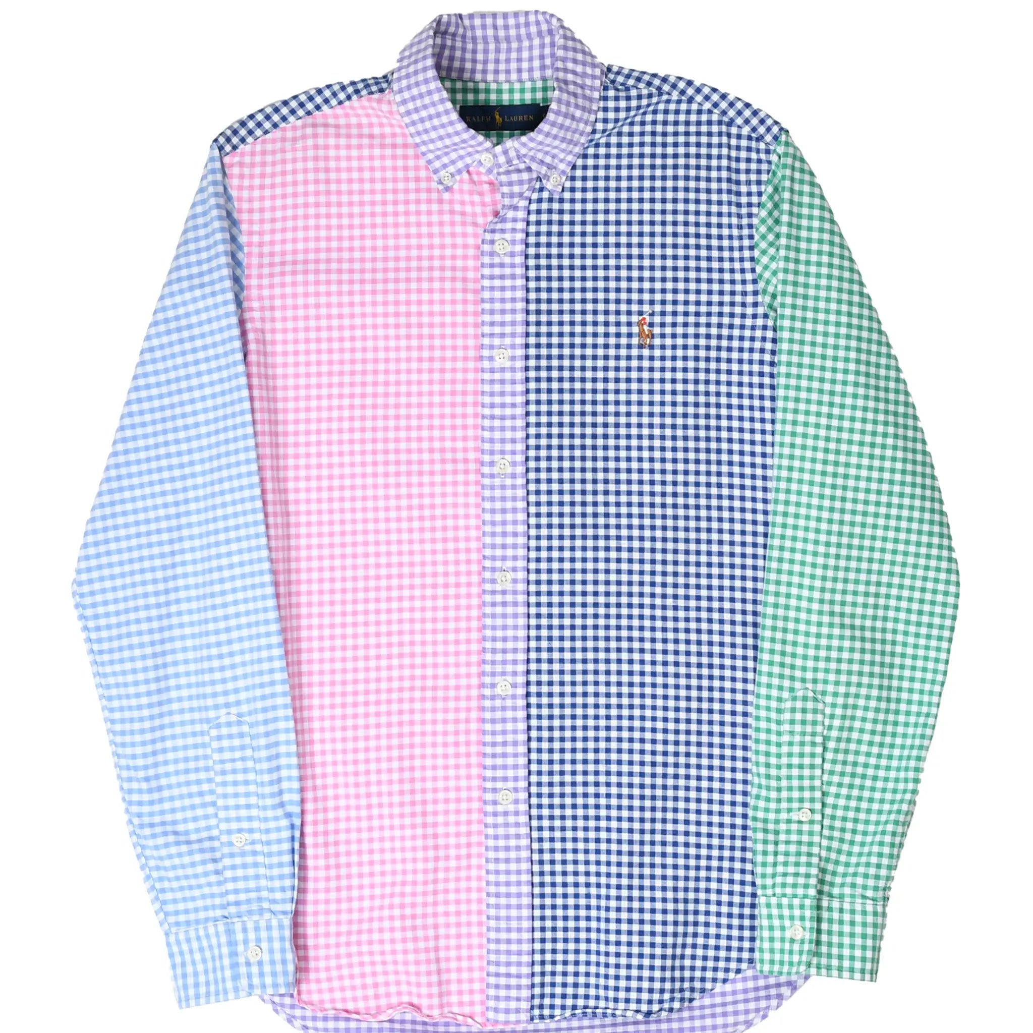 Front of Ralph Lauren patchwork gingham shirt in pink, blue, purple, and green