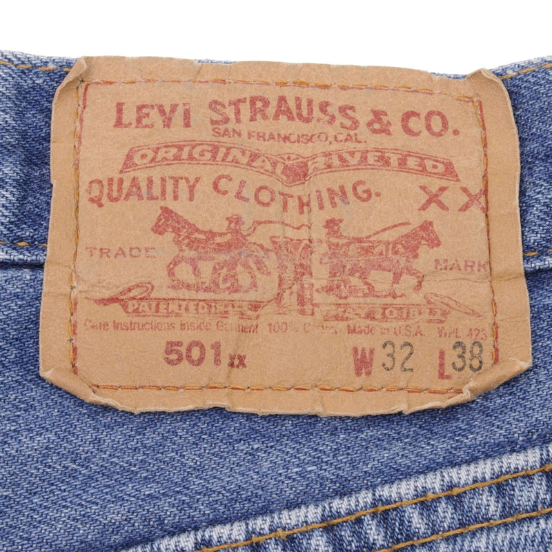 Beautiful Indigo Levis 501 Jeans 1980s Made in USA with Medium Wash   Size on tag 32X38 Actual Size 31X34 Back Button #524