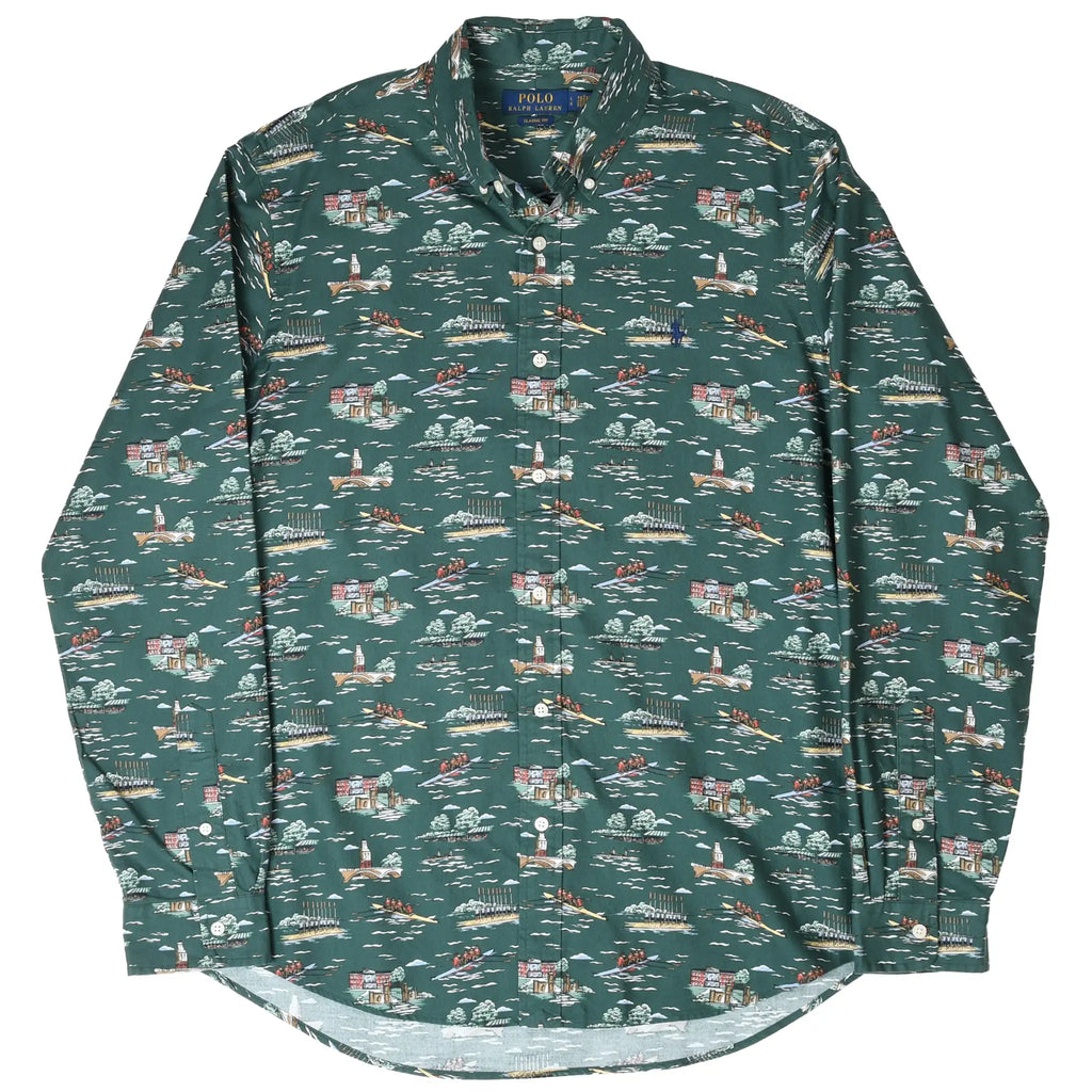 Front of green Polo Ralph Lauren button-down shirt with allover rowing and riverside scenic print