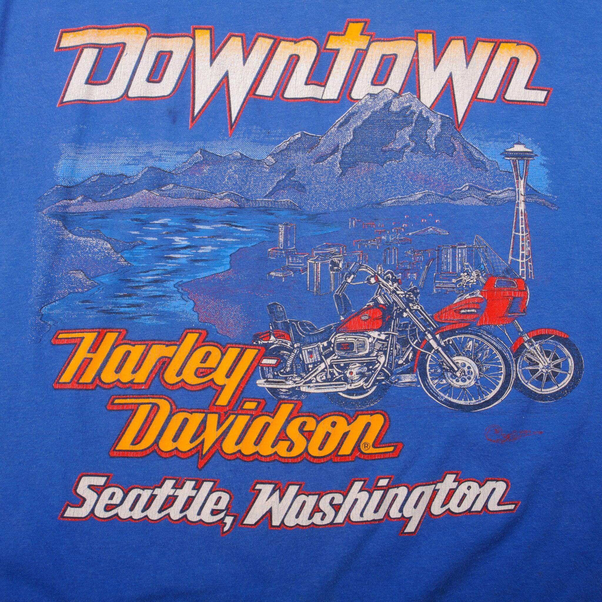 Vintage Blue Harley Davidson 1990 Sturgis 50th Anniversary Downtown Seattle, Washington Tee Shirt 1984 Size L With Single Stitch Made In USA