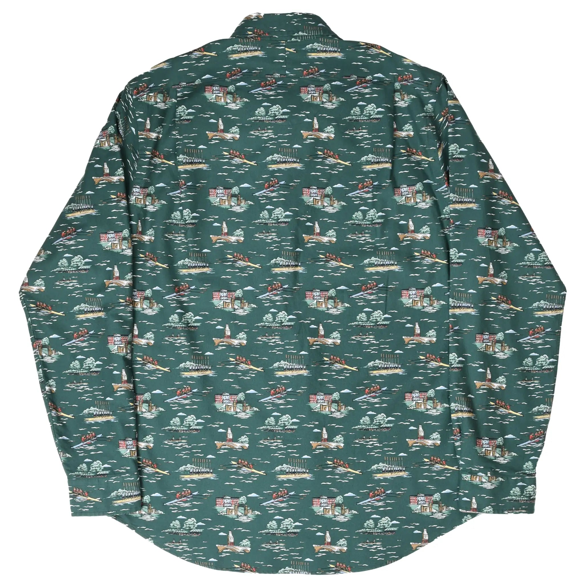 Back of green Polo Ralph Lauren shirt with allover rowing and riverside scenic print