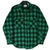 Front of green and black plaid L.L.Bean flannel shirt showing buttons, collar, and chest pockets