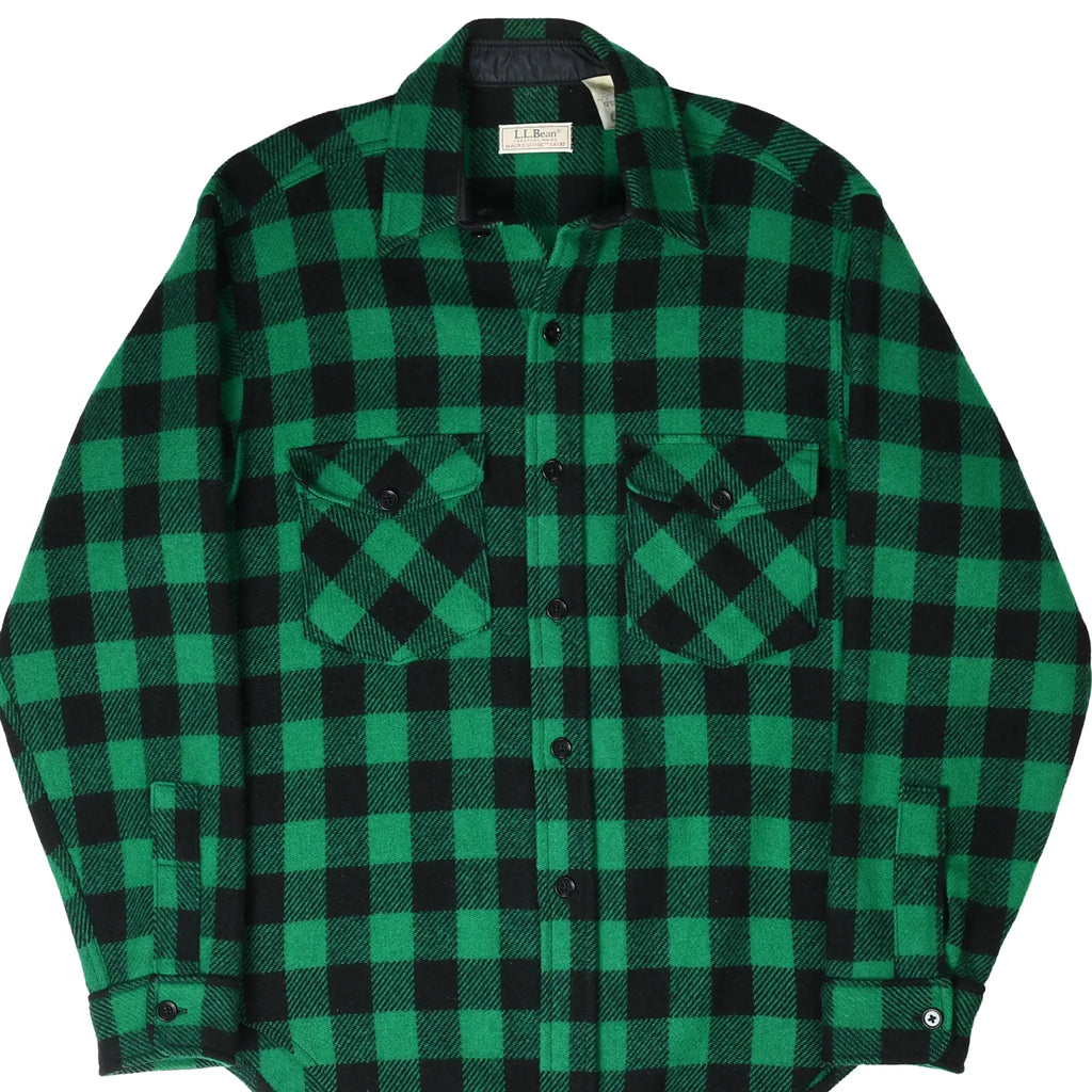 Front of L.L.Bean green and black plaid flannel shirt with two button-flap chest pockets