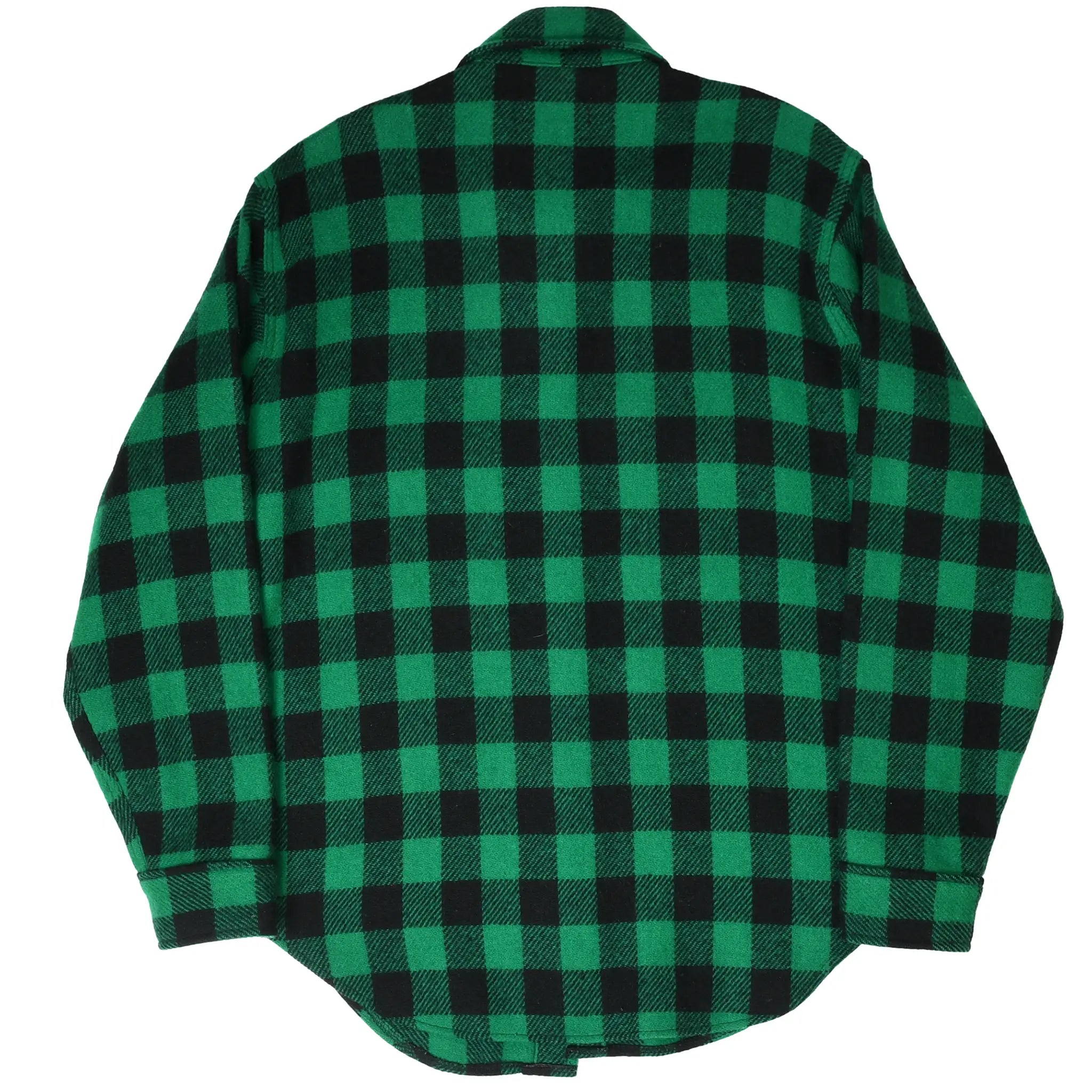 Back of L.L.Bean green and black plaid flannel shirt with long sleeves and curved hem