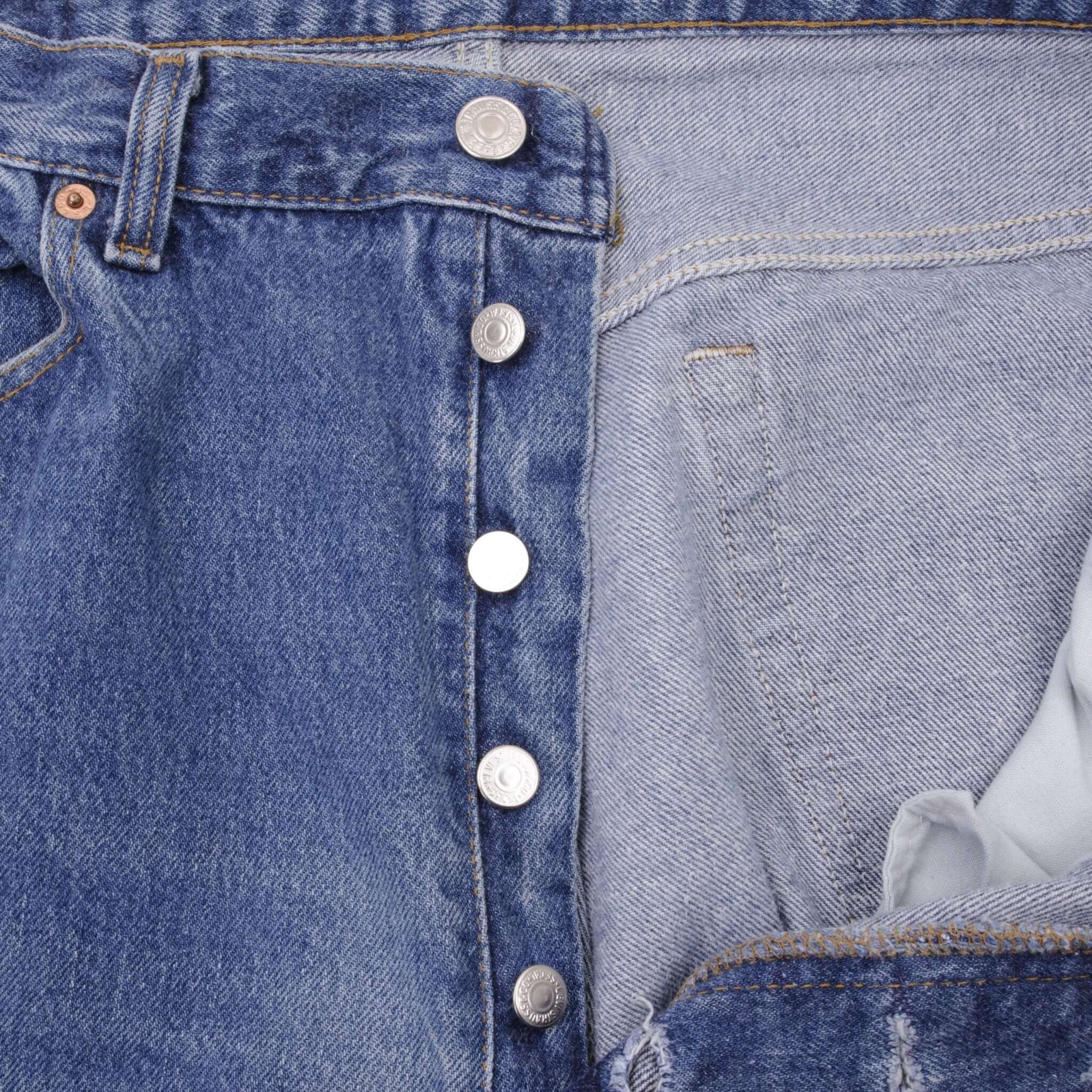 Beautiful Indigo Levis 501 Jeans 1980s Made in USA with Medium Light Wash With Light Whiskers  Size on tag 38X36 Actual Size 36X36 Back Button #501