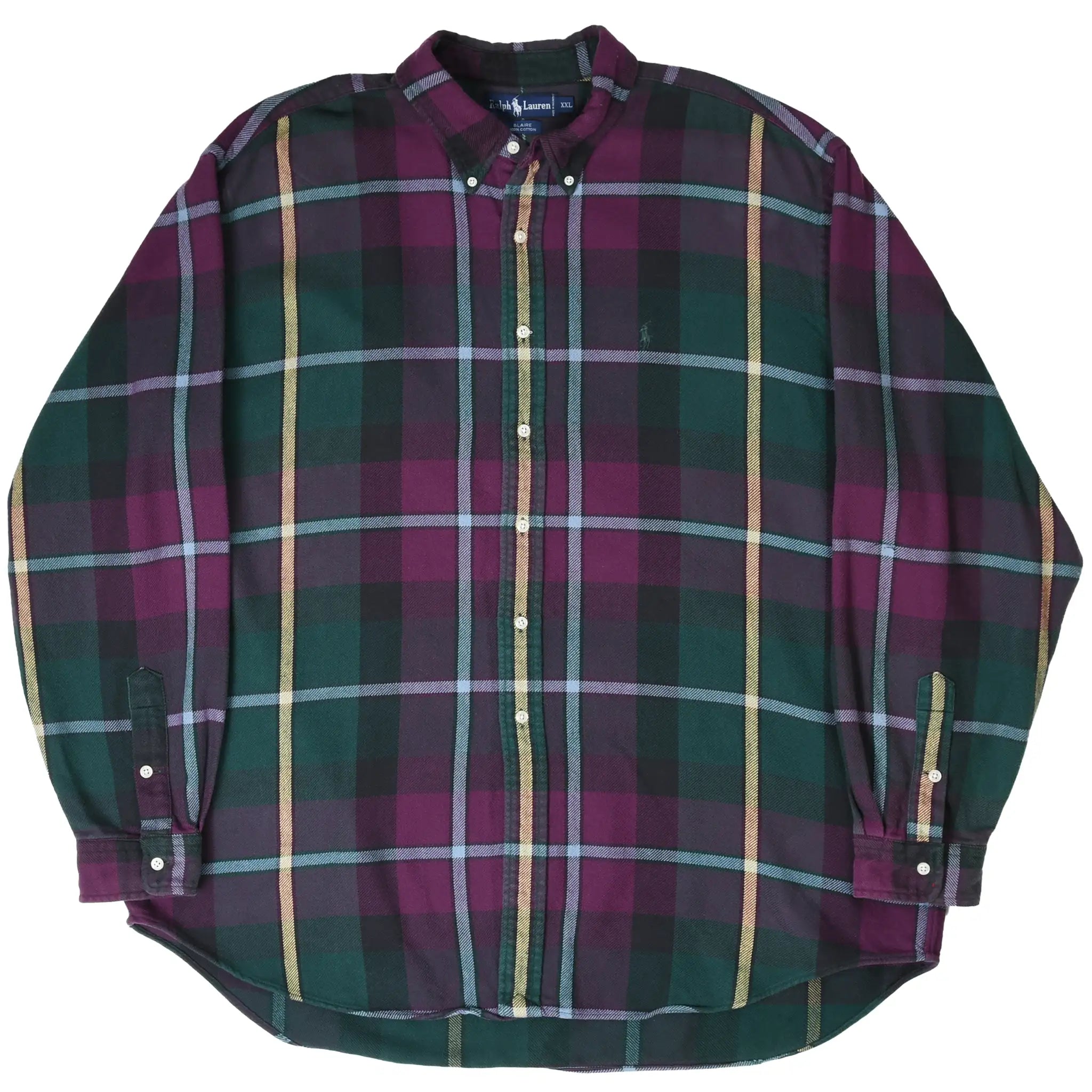 Front view of Ralph Lauren plaid shirt with button-down collar and long sleeves
