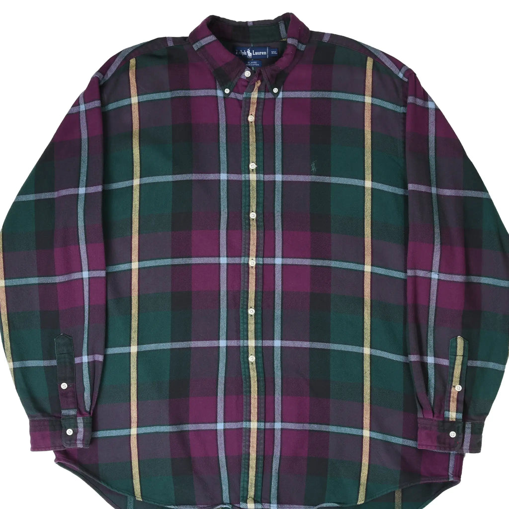 Front of Ralph Lauren button-down shirt in dark green, burgundy, yellow and blue plaid