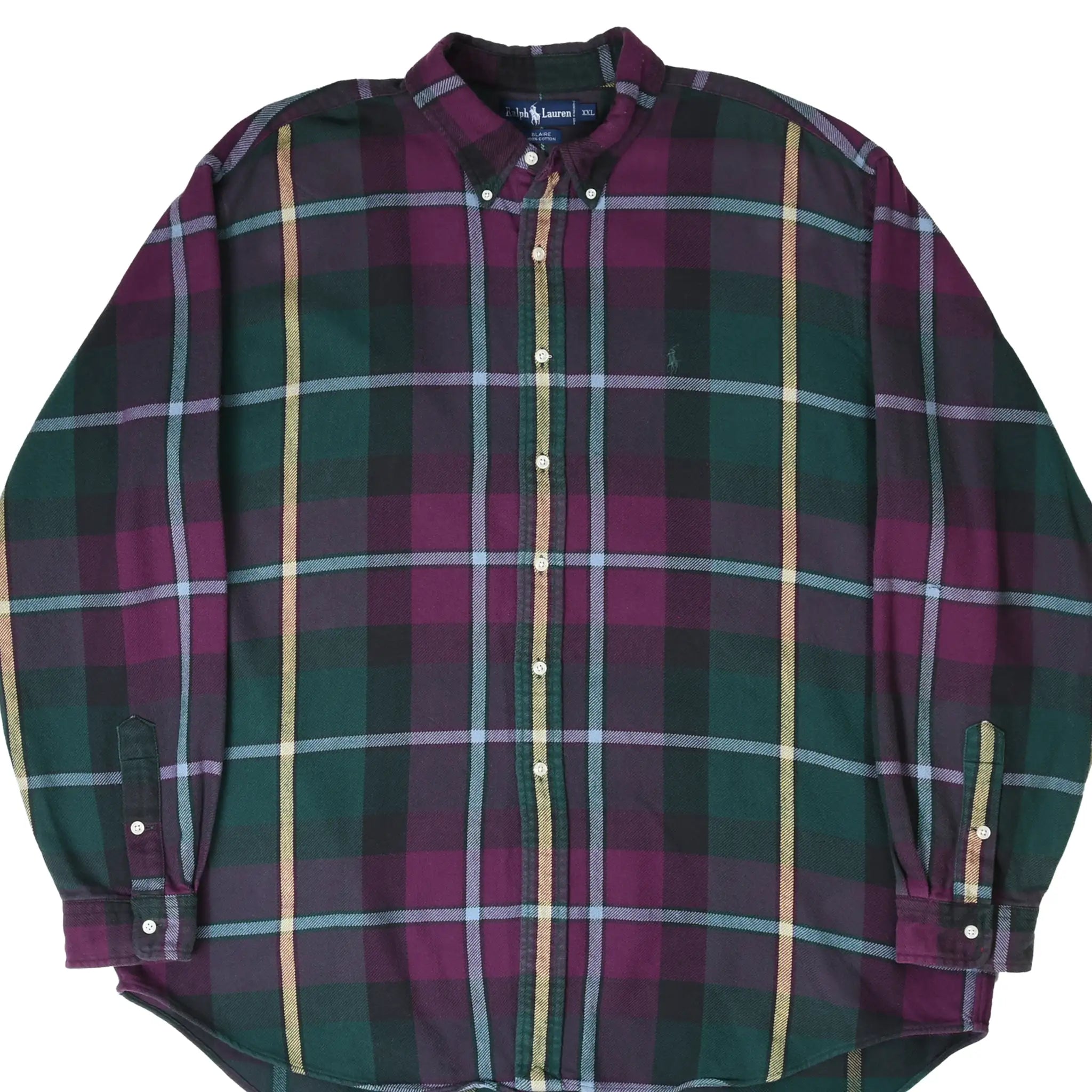 Front of Ralph Lauren button-down shirt in dark green, burgundy, yellow and blue plaid