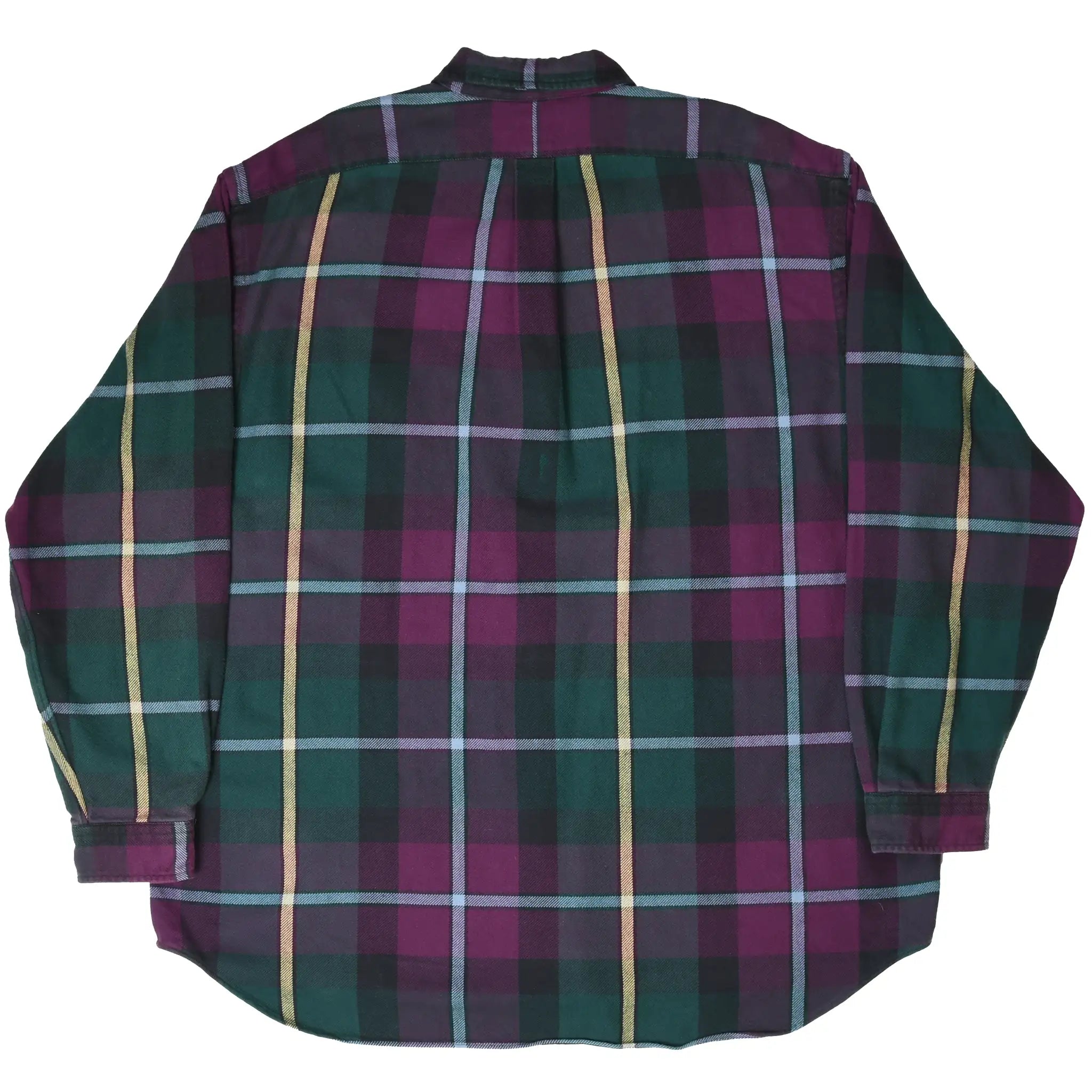 Back of Ralph Lauren long-sleeve shirt in dark green, burgundy, yellow and blue plaid