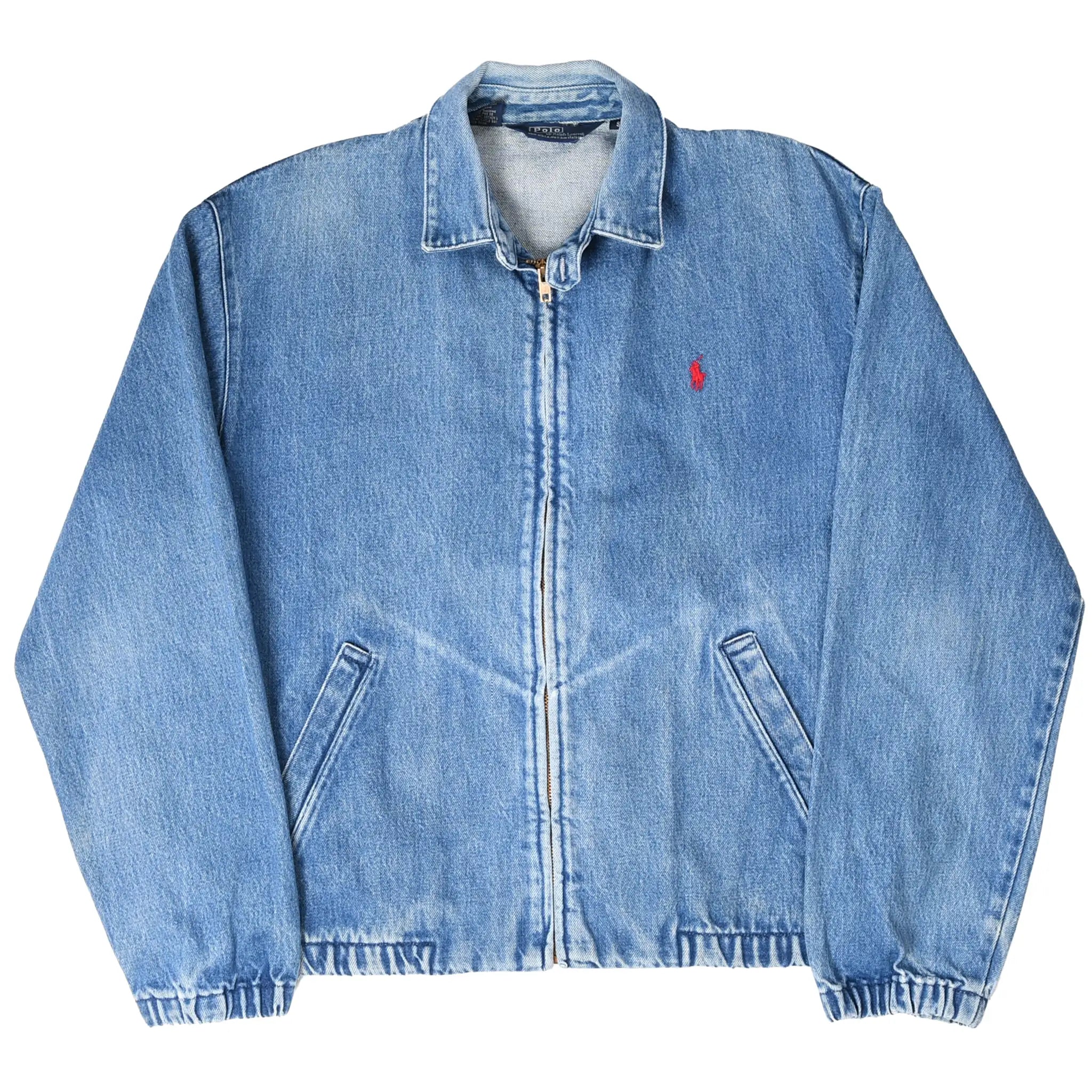 Front of blue Polo Ralph Lauren denim Harrington jacket with zip closure and angled pockets