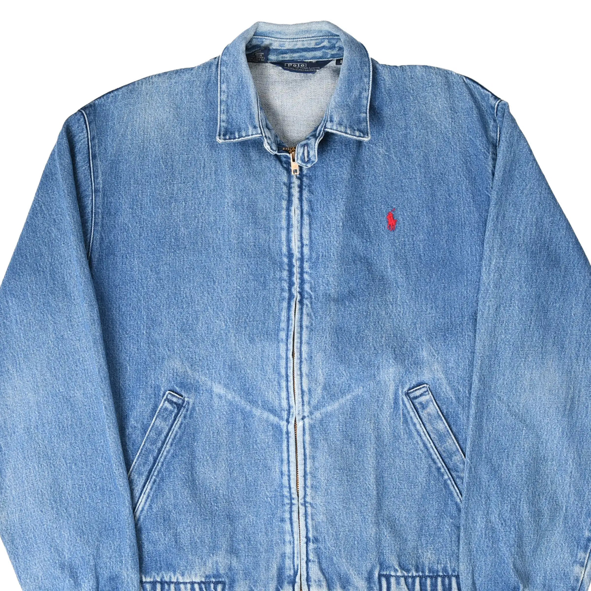 Front upper view of blue Polo Ralph Lauren denim Harrington jacket with red pony embroidery