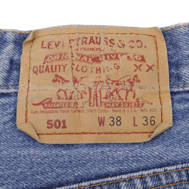 Beautiful Indigo Levis 501 Jeans 1980s Made in USA with Medium Light Wash With Light Whiskers  Size on tag 38X36 Actual Size 36X36 Back Button #501