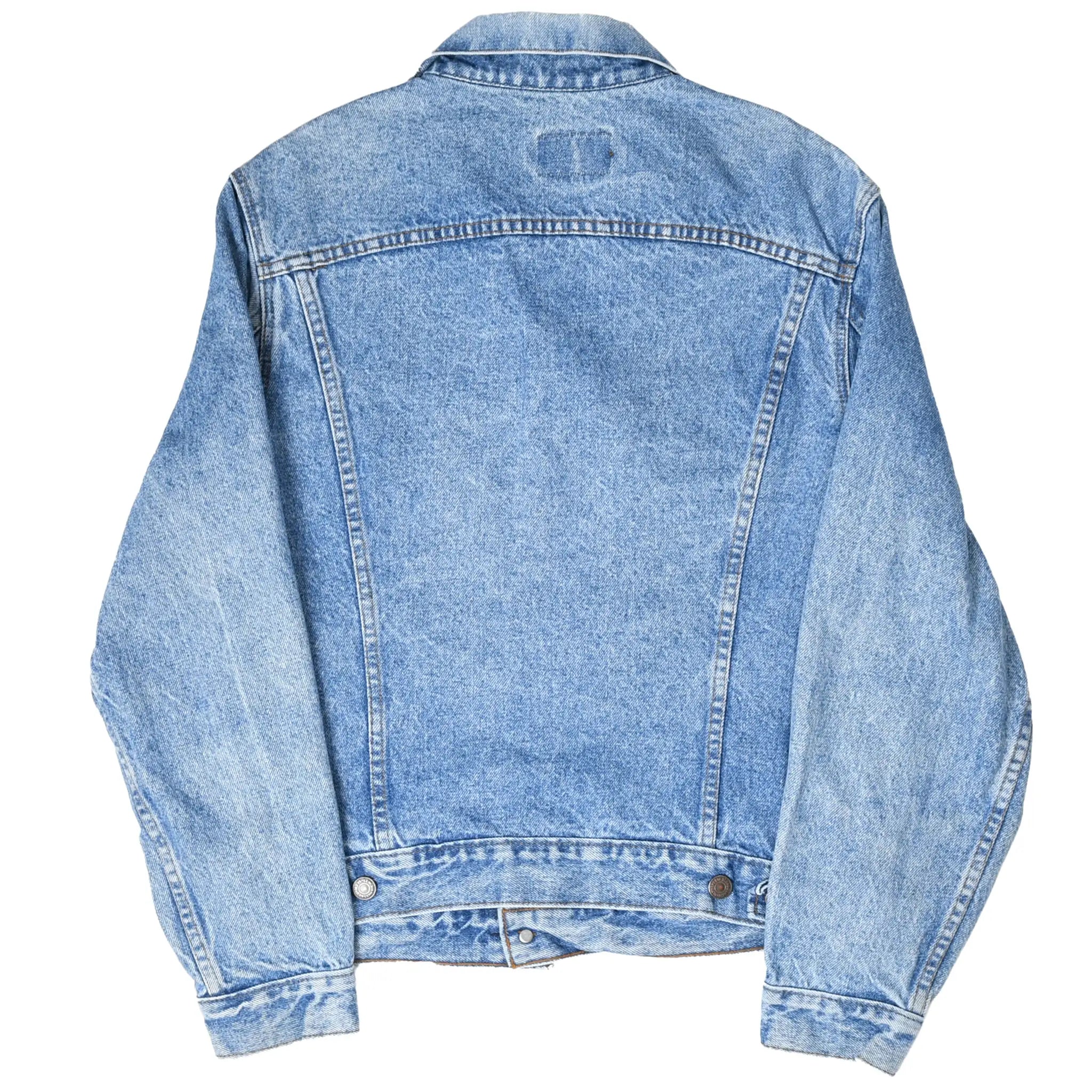 Back view of blue Levi's Type III denim jacket with tapered panel seams and waist adjuster tabs
