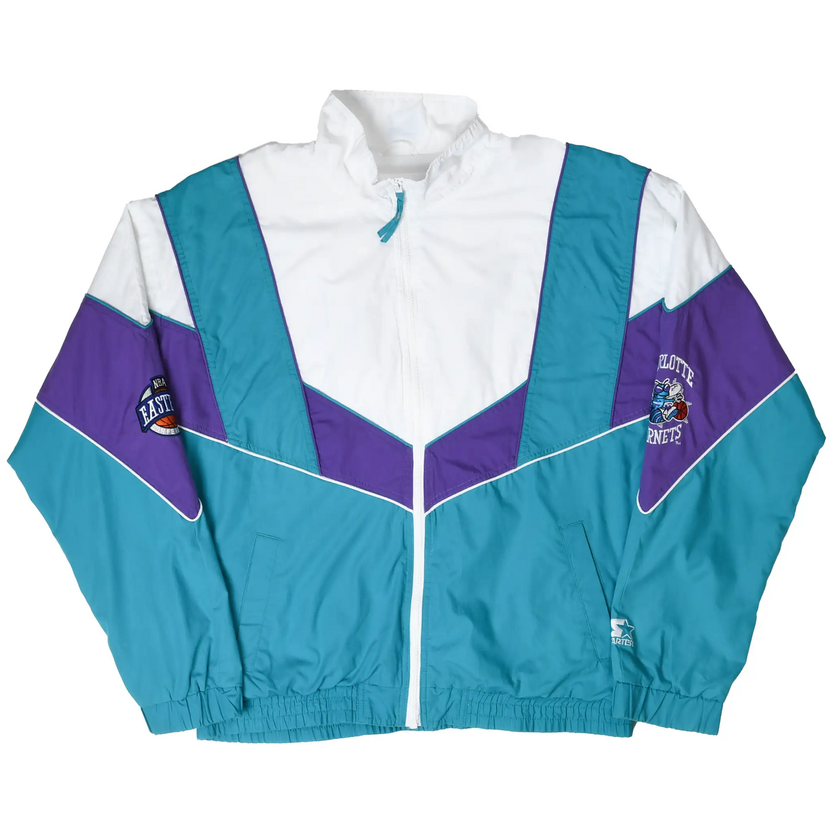 Front of Charlotte Hornets Starter windbreaker in white, purple and teal with full zipper