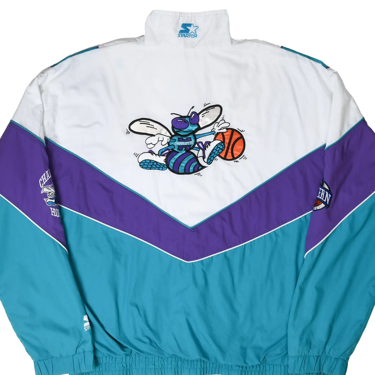 Close back view of white, purple and teal Charlotte Hornets Starter windbreaker with mascot graphic