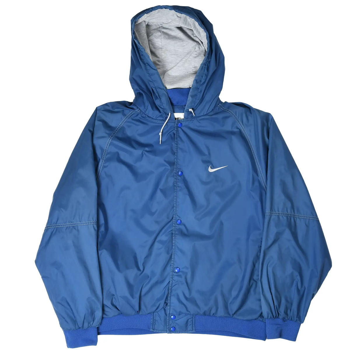 Full front view of blue Nike hooded windbreaker with white Swoosh and ribbed trim