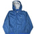 Front of blue Nike hooded windbreaker with snap closure and white Swoosh embroidery