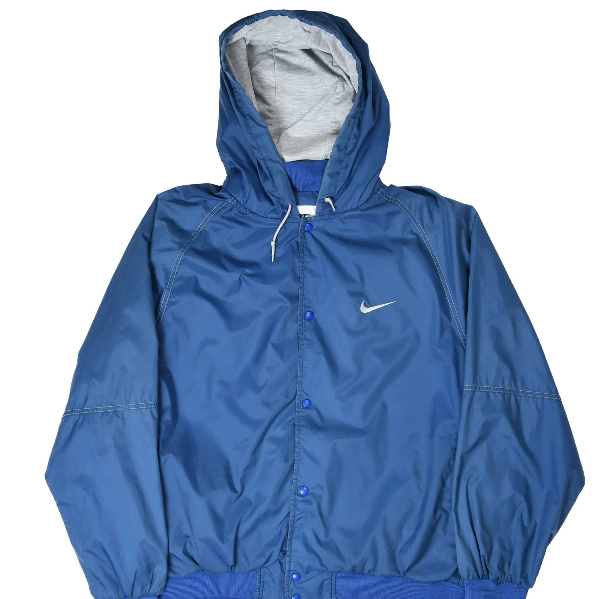 Front of blue Nike hooded windbreaker with snap closure and white Swoosh embroidery