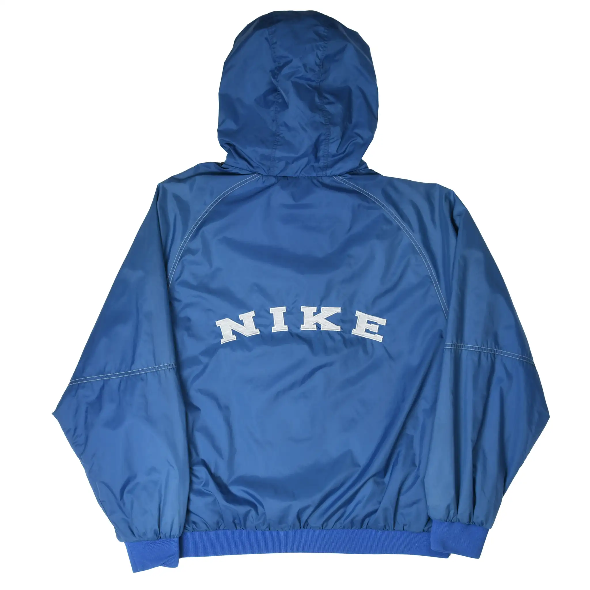 Back of blue Nike hooded windbreaker with large white NIKE lettering