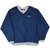 Angled front view of navy Nike pullover windbreaker with white Swoosh and striped trim