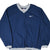 Front of navy Nike pullover windbreaker with white Swoosh, striped V-neck trim, and kangaroo pocket