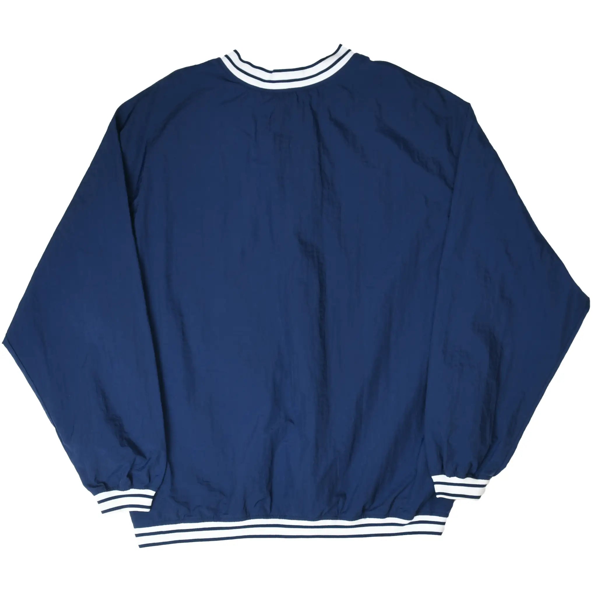 Back of navy Nike pullover windbreaker with white and navy striped collar, cuffs, and hem