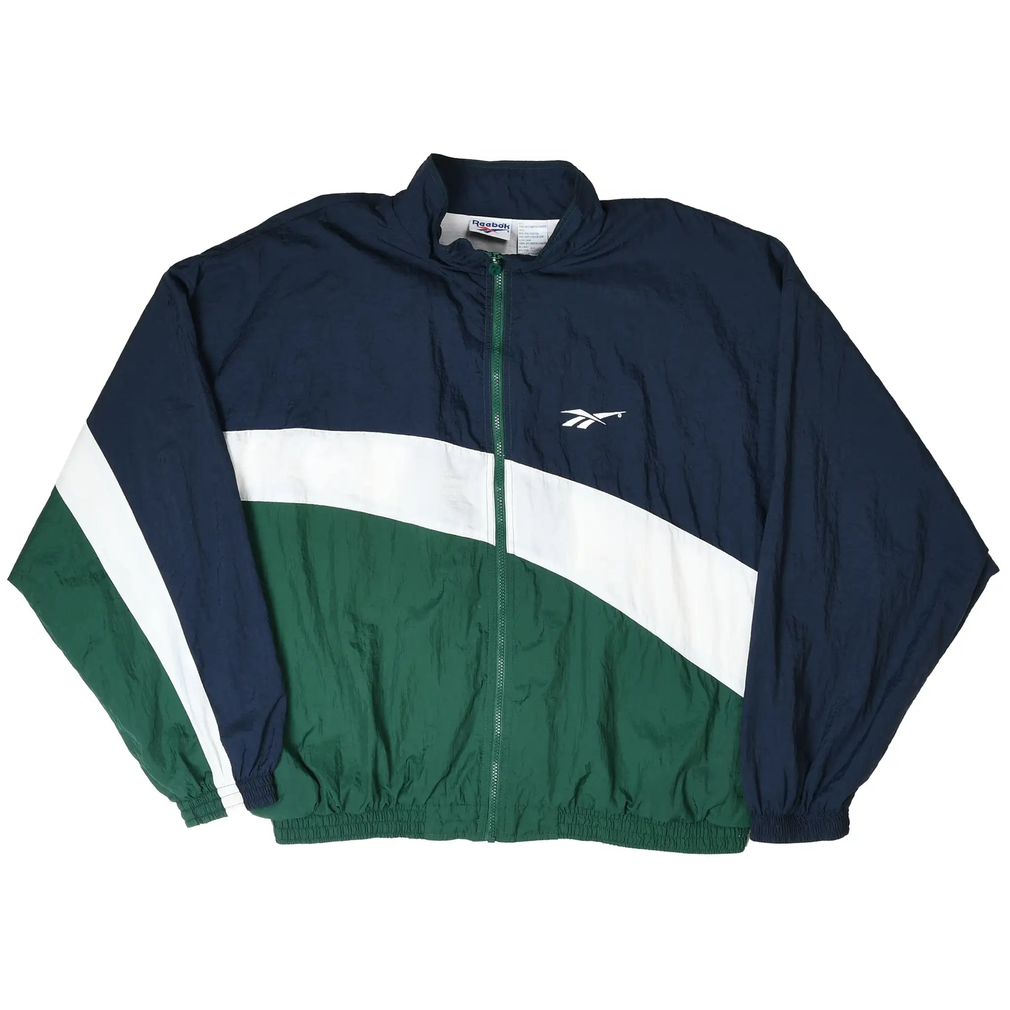 Full front view of navy, white, and green Reebok zip-up windbreaker jacket