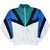 Full front view of Adidas zip-up track jacket in teal, blue, black and white
